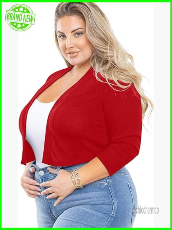 Sweaters - Plus Size Open Front Bolero Cardigan 3/4 Sleeve Lightweight Knit Shrug 1X-5X